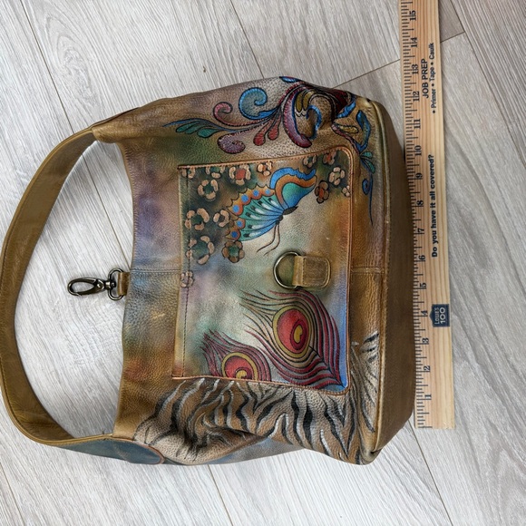Anuschka Peackcock Bliss Leather Hand-painted Butterfly Floral Shoulder Hobo Bag - Picture 4 of 9